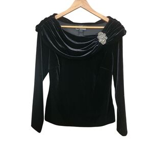 Alex Evenings Portrait Collar Velvet Stretch Blouse With Brooch